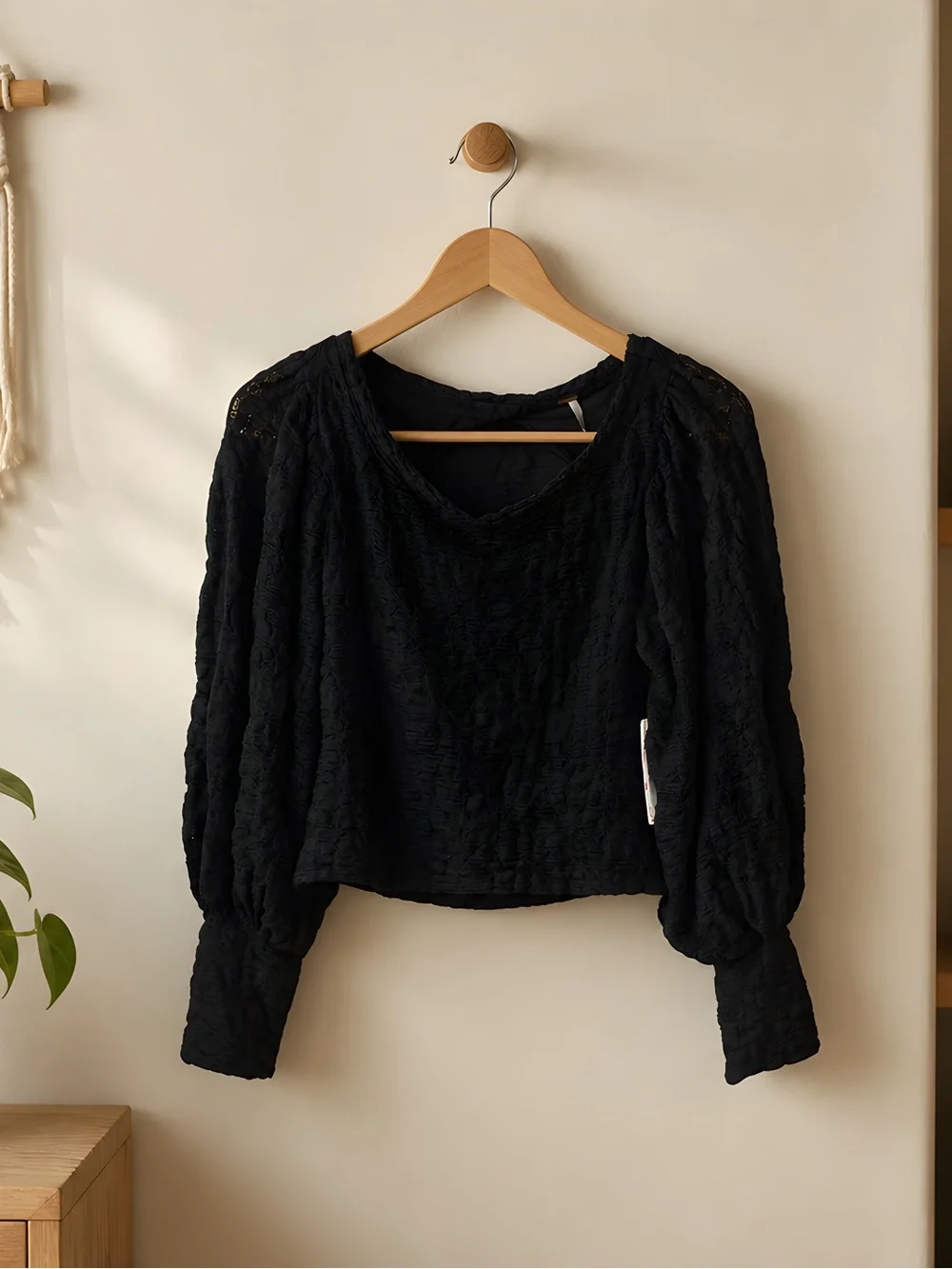 Free People Black Textured V-Neck Puff Sleeve Blouse